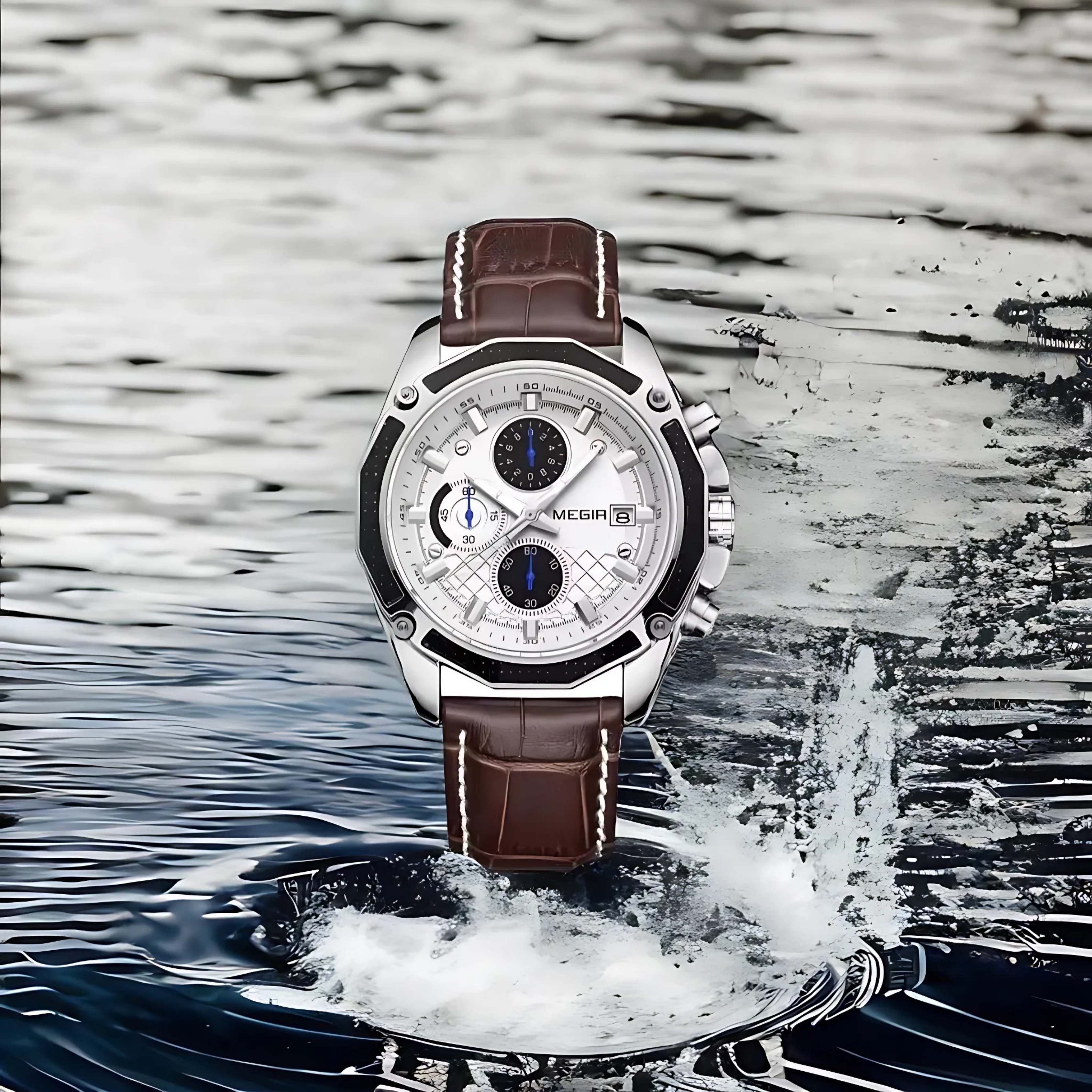 Megir Chronograph Quartz Watch with Leather Strap